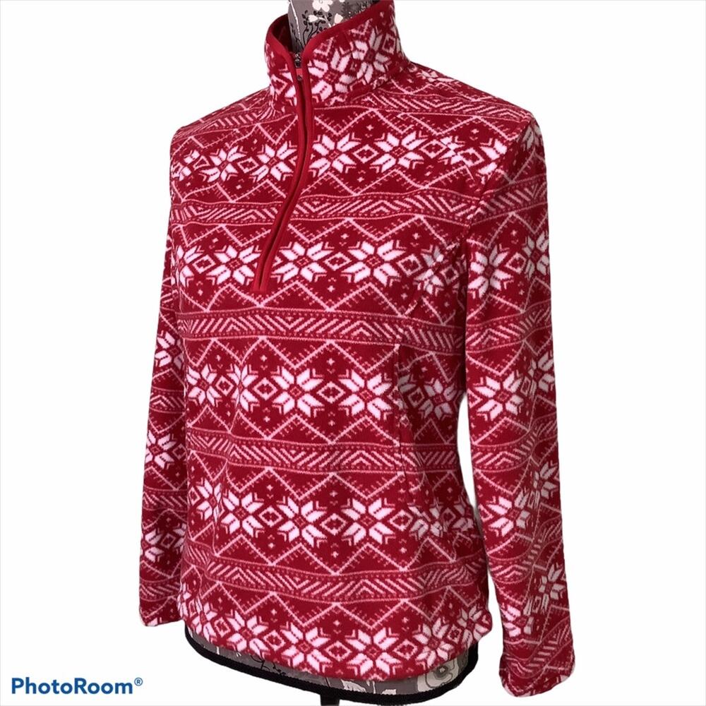 Lands’ End Fair Isle Snowflake Quarter Zip Fleece Pullover Lightweight Red White